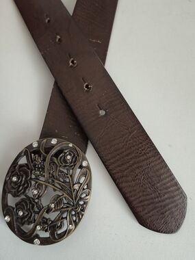 Y2K Western Fairycore Floral Rhinestone Brown Leather Belt